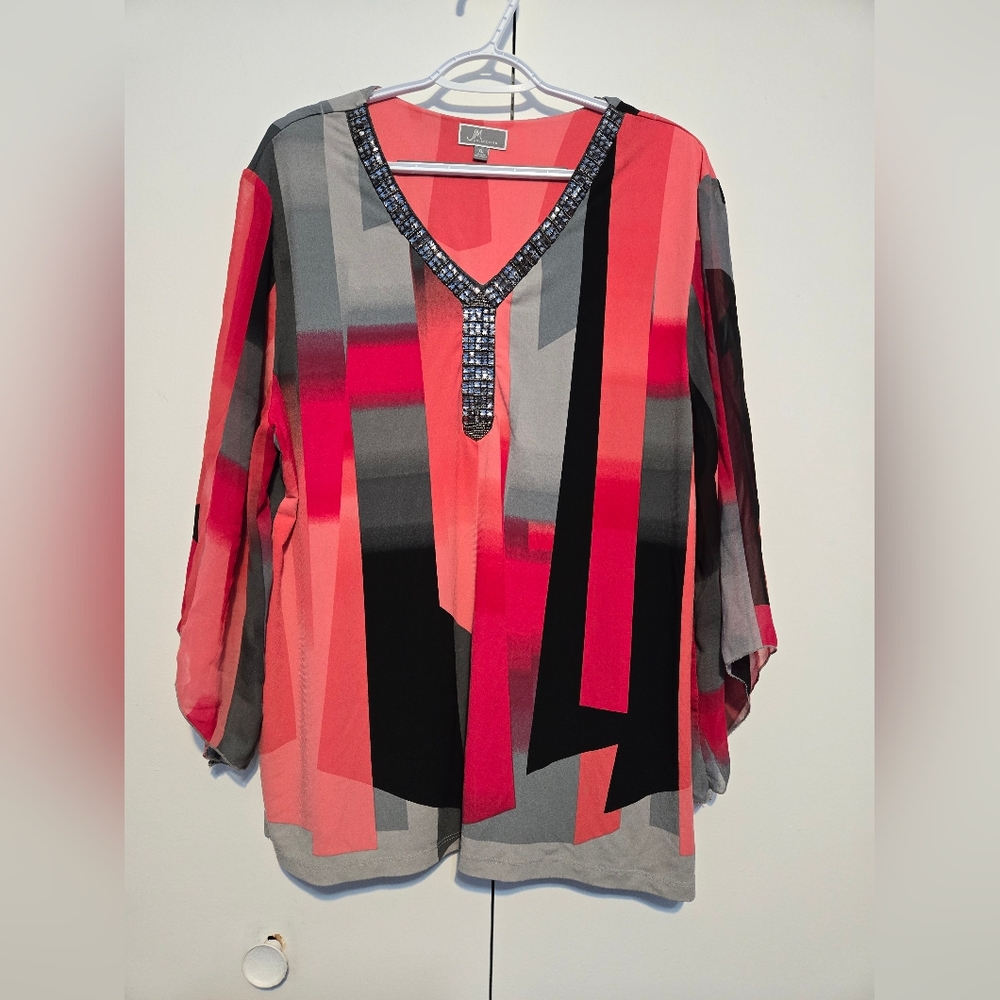 JM Collection XL Geometric Embellished V-Neck Tunic Top Pink Gray Black